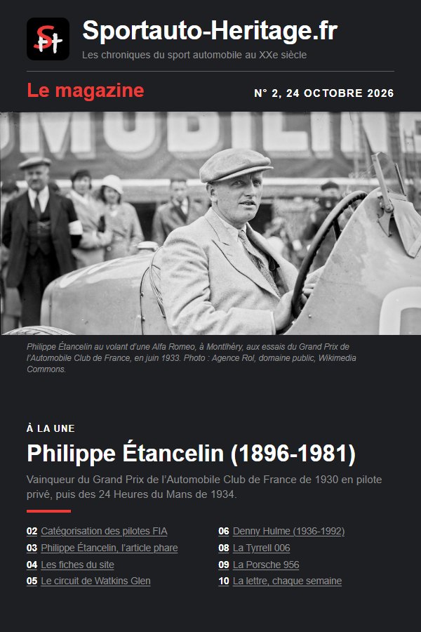 Couverture du magazine n° 2 de Sportauto-Heritage.fr, 24 octobre 2026 : Philippe Étancelin, en casquette et veste claire, au volant d’une Alfa Romeo, à Montlhéry, aux essais du Grand Prix de l’Automobile Club de France de juin 1933, en noir et blanc.